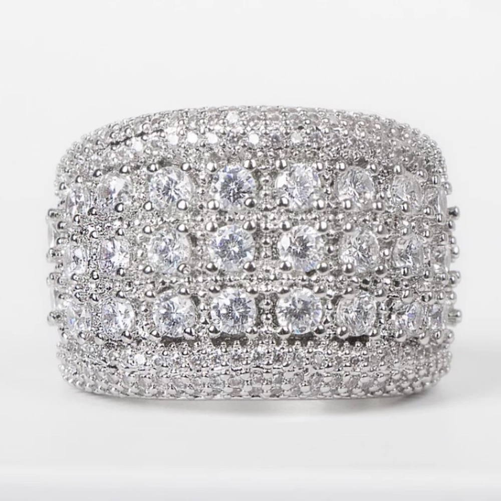 Silver-Tone Pavé Cubic Zirconia Wide Band Ring - Silver